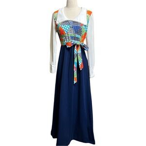 Vintage 70s Multicolor Rainbow Patchwork Pilgrim Collar Twofer Belted Maxi Dress